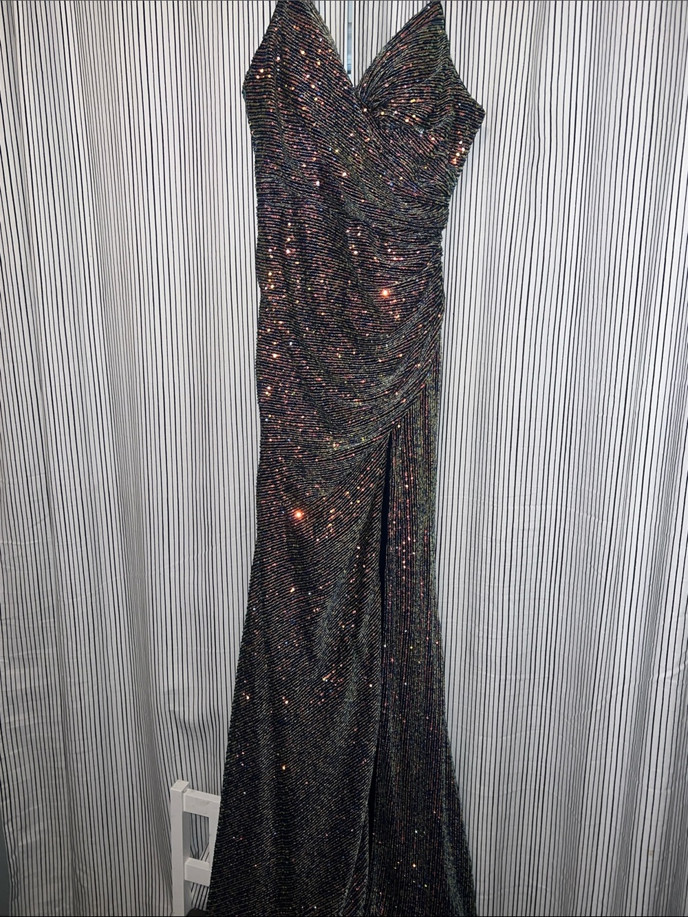 Alyce Paris Black Iridescent Sequin Draped Prom Gown